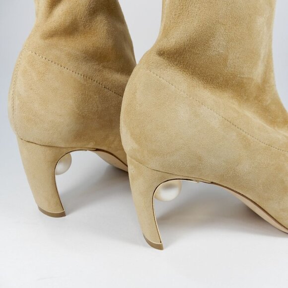 Nicholas Kirkwood Maeva Faux Pearl Stretch Booties 38 8 Curved Heel Suede $895 - Picture 12 of 15